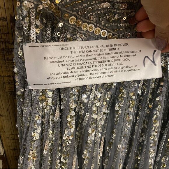 Mac Duggal 5220 Silver Sequin one shoulder gray embellished Gown wedding prom 4 - Picture 8 of 14